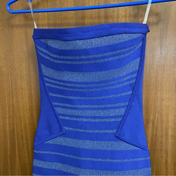 Marciano by Guess Blue Shimmer Strapless Tube Striped Bodycon Bandage Mini Dress - Picture 3 of 6
